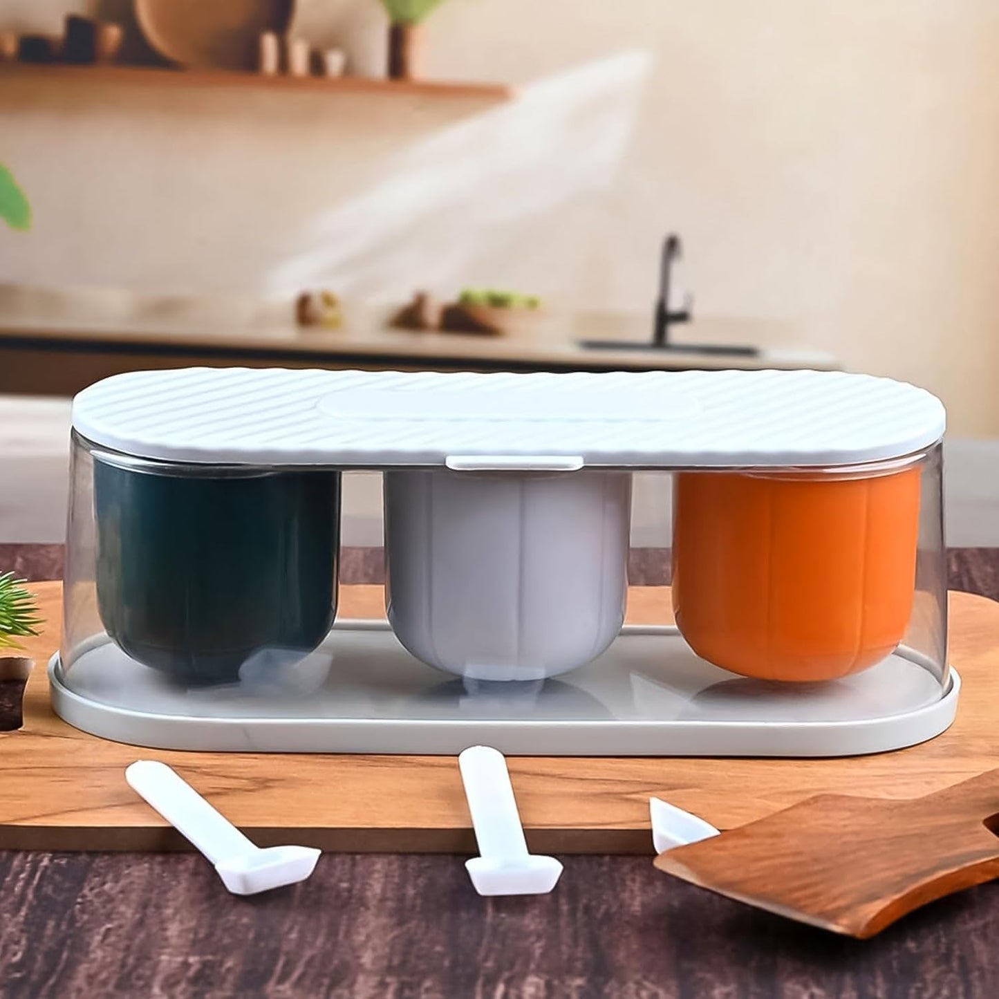 HUJOO 3-in-1 Spice Box Container with Lid & Spoons | Multipurpose Kitchen Masala Organizer for Salt, Chili, Cumin & Seasonings – Airtight & Stylish Spice Jars Set
