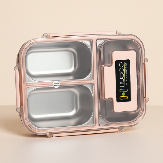 HUJOO Stainless Steel Lunch Box with 3 Compartments | Leak-Proof, BPA-Free, Freezer Safe Tiffin Box for Office, School & Travel