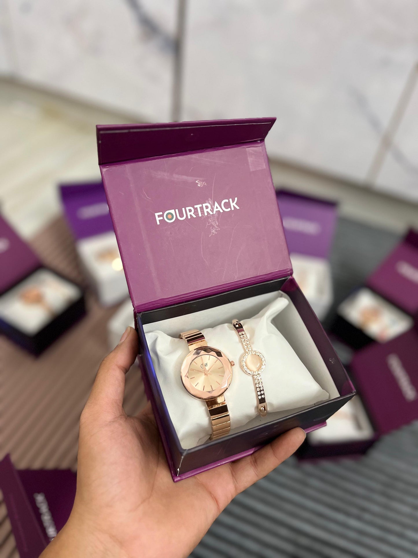 Luxury Rose Gold Women's Watch & Bracelet Gift Set | FourTrack Elegant Analog Watch Combo for Women