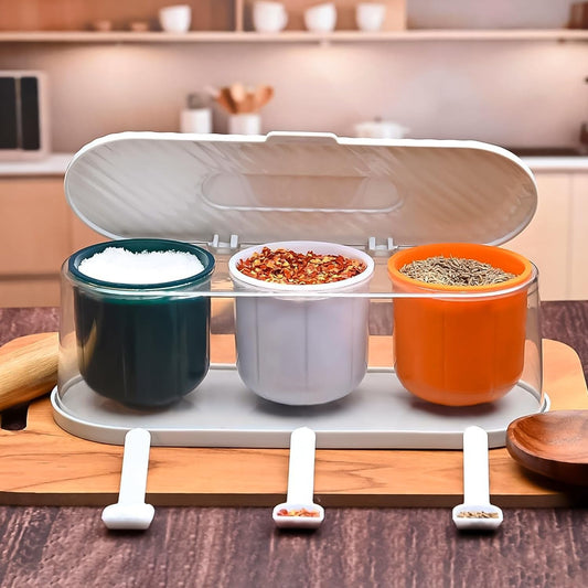 HUJOO 3-in-1 Spice Box Container with Lid & Spoons | Multipurpose Kitchen Masala Organizer for Salt, Chili, Cumin & Seasonings – Airtight & Stylish Spice Jars Set