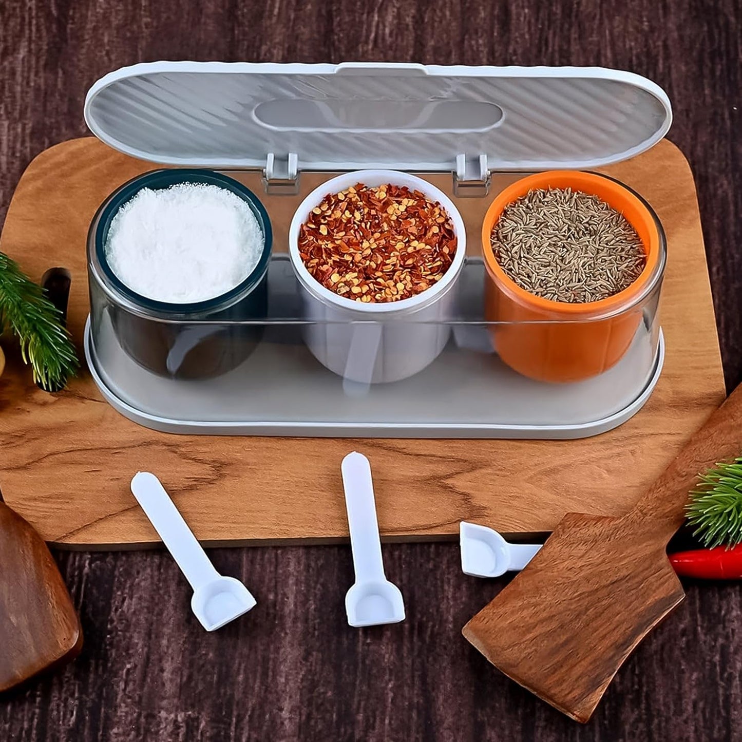 HUJOO 3-in-1 Spice Box Container with Lid & Spoons | Multipurpose Kitchen Masala Organizer for Salt, Chili, Cumin & Seasonings – Airtight & Stylish Spice Jars Set