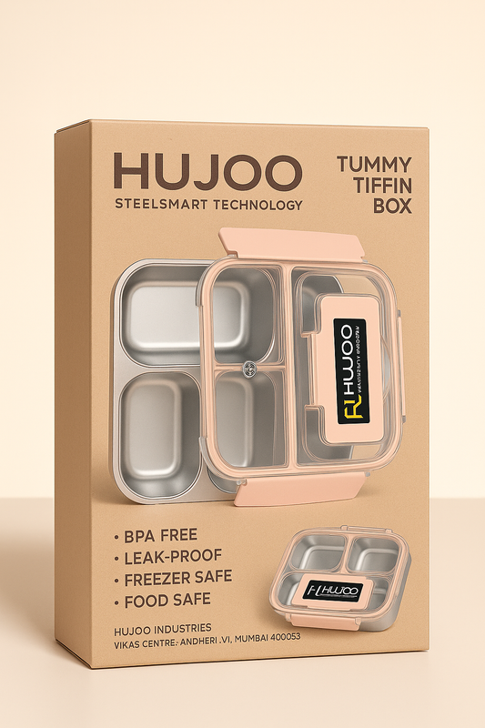 HUJOO Stainless Steel Lunch Box with 3 Compartments | Leak-Proof, BPA-Free, Freezer Safe Tiffin Box for Office, School & Travel