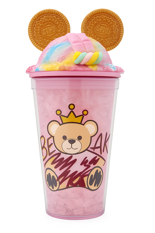 HUJOO Cute Bear Tumbler Cup with Lid & Straw | Kids Cartoon Drinking Cup with Cookie & Candy Design – Reusable Plastic Cup for Milkshakes, Smoothies & Juices