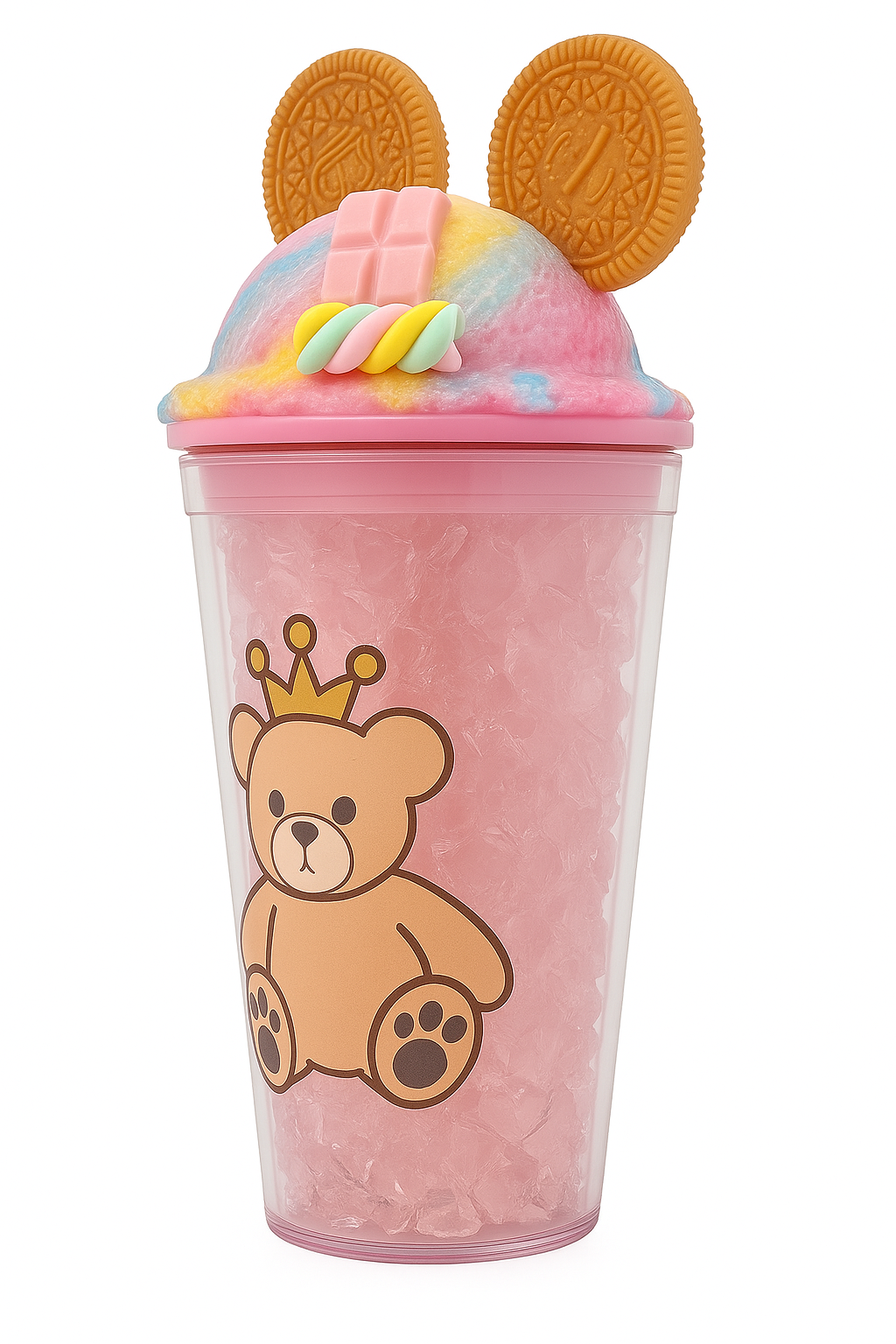 HUJOO Cute Bear Tumbler Cup with Lid & Straw | Kids Cartoon Drinking Cup with Cookie & Candy Design – Reusable Plastic Cup for Milkshakes, Smoothies & Juices