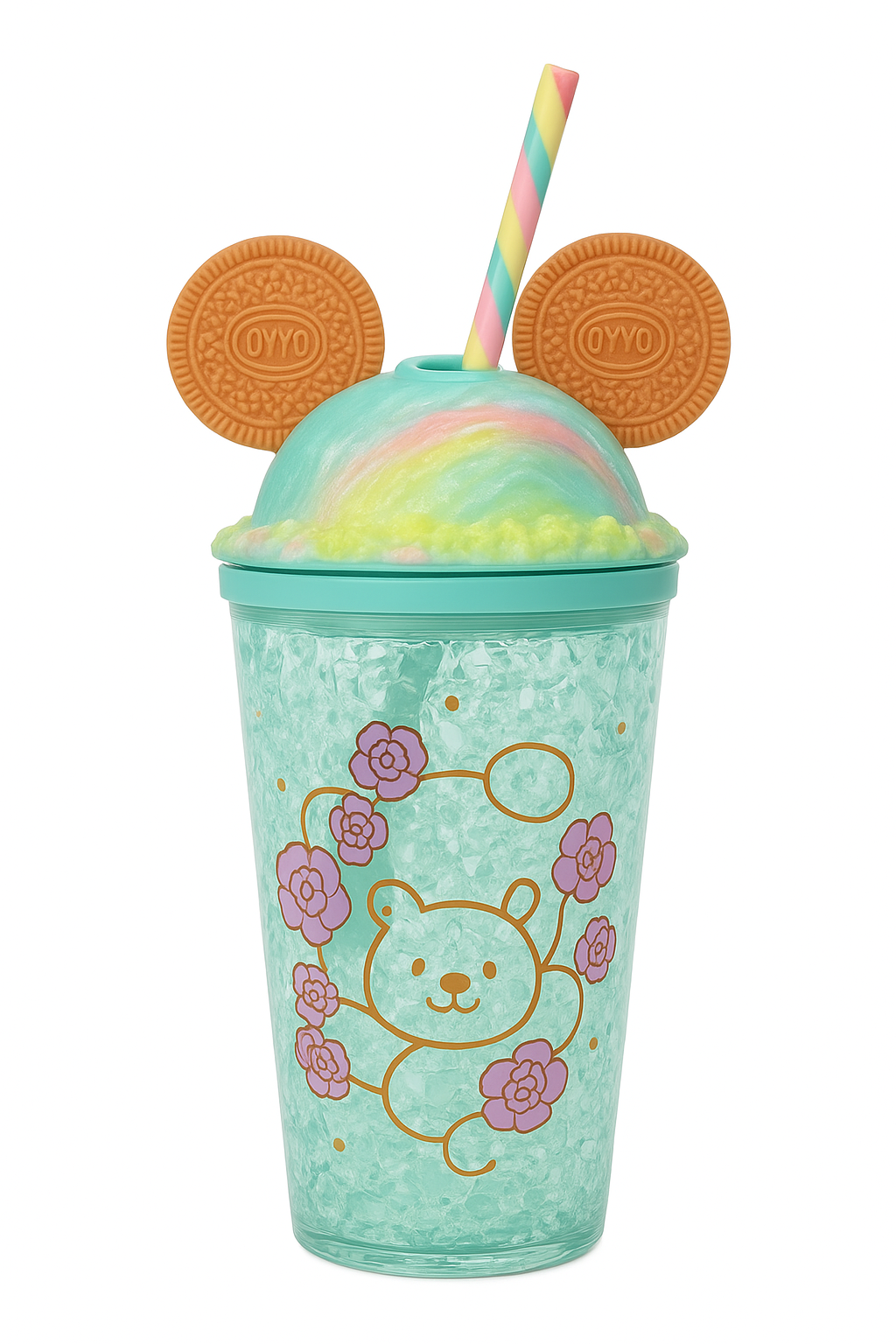 HUJOO Cute Bear Tumbler Cup with Lid & Straw | Kids Cartoon Drinking Cup with Cookie & Candy Design – Reusable Plastic Cup for Milkshakes, Smoothies & Juices