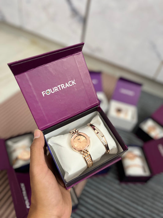 FourTrack Luxury Rose Gold Women’s Watch & Bracelet Gift Set | Elegant Analog Watch Combo for Ladies