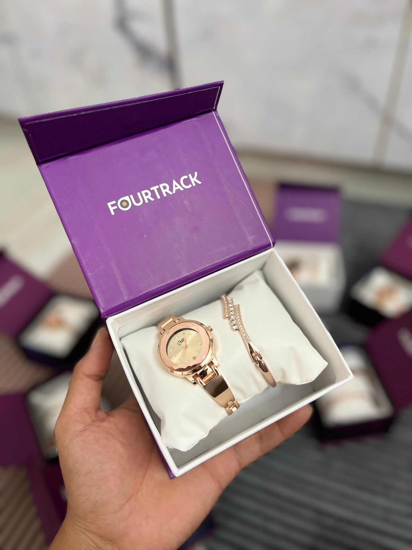 FourTrack Premium Rose Gold Women’s Watch & Bracelet Gift Set | Elegant Analog Combo for Stylish Ladies
