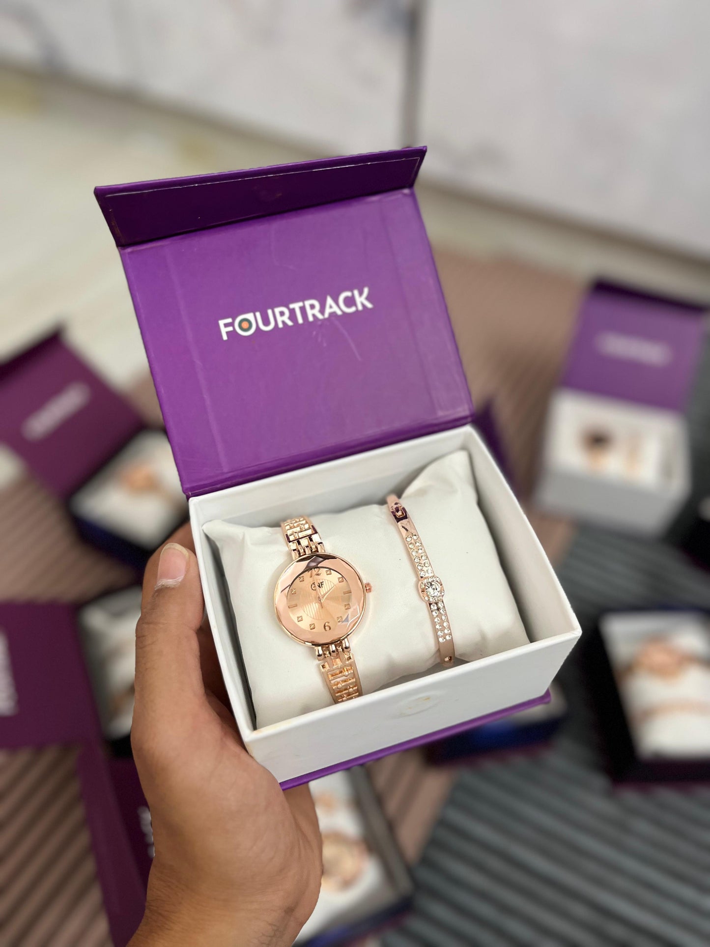FourTrack Elegant Rose Gold Women’s Watch & Bracelet Combo | Luxury Gift Set for Girls & Ladies