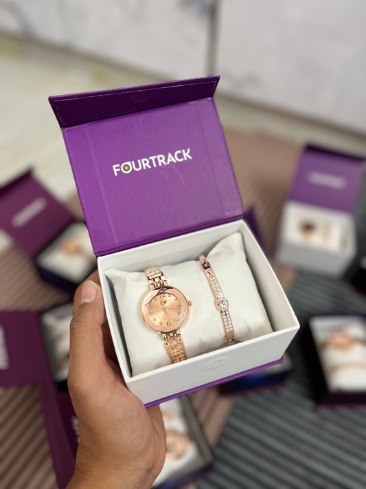 FourTrack Elegant Rose Gold Women’s Watch & Bracelet Combo | Luxury Gift Set for Girls & Ladies